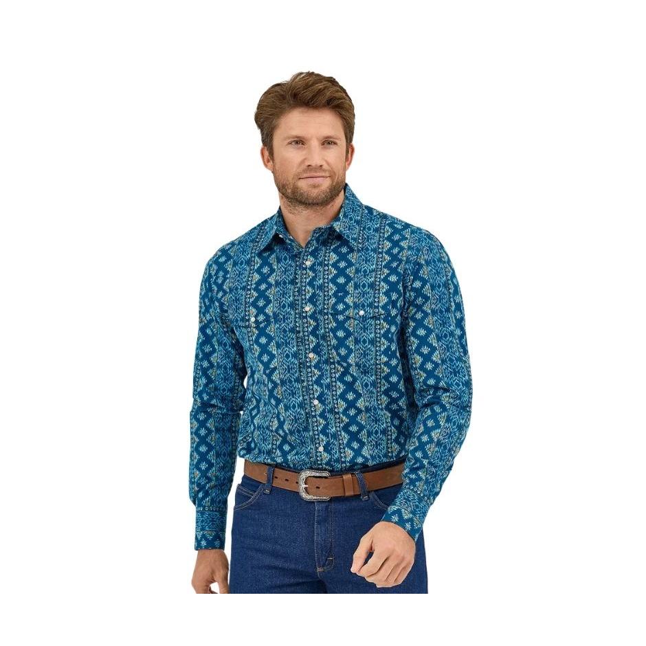 Wrangler Men's Checotah Western Long Sleeve Classic Fit Shirt - Blue