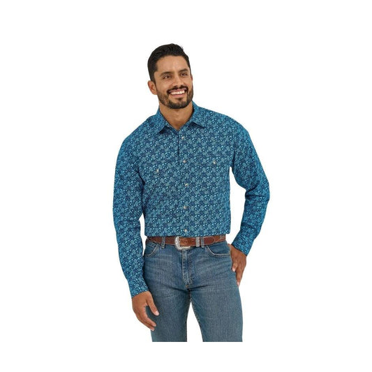 Wrangler Men's 20X Competition Advanced  Comfort Classic Fit  Long Sleeve Shirt- Navy/Turquoise