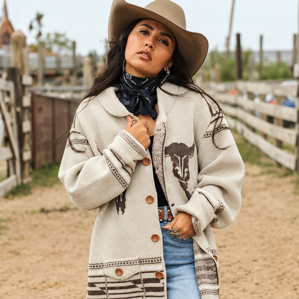 Lucky & Blessed Cowskull Sweater Cardigan - Cream