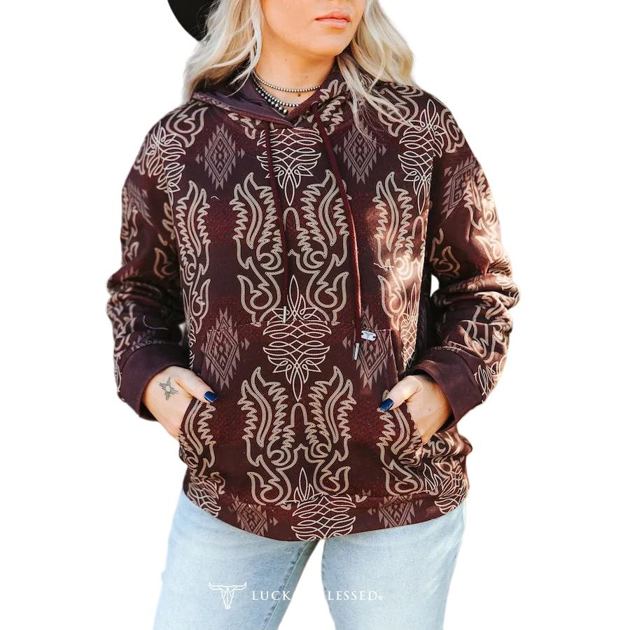 Lucky & Blessed Women's Aztec Printed Drawstring Vintage Hoodie - Wine