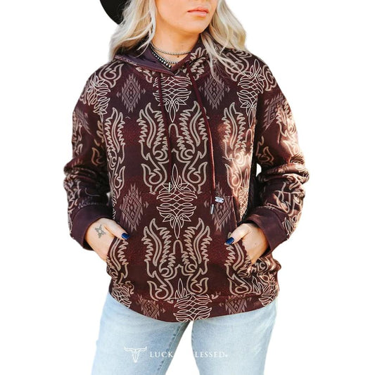 Lucky & Blessed Women's Aztec Printed Drawstring Vintage Hoodie - Wine