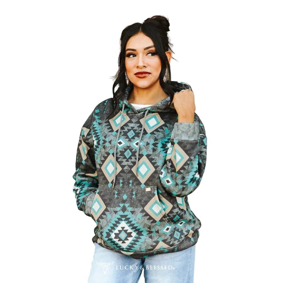 Lucky & Blessed Women's Aztec Printed Drawstring Vintage Hoodie - Black