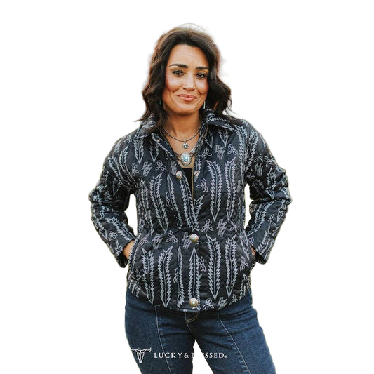 Lucky & Blessed Women's Bootstitch Printed Quilted Jacket- Black