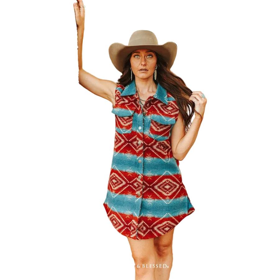 Lucky & Blessed Women's Aztec Wool Blend Sleeveless Shacket - Red/Jade