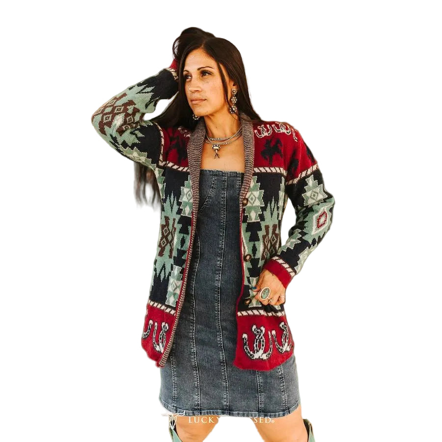 Lucky & Blessed Women's Long Sleeve Aztec Sweater- Burgundy - Irvine Tack & Western Wear