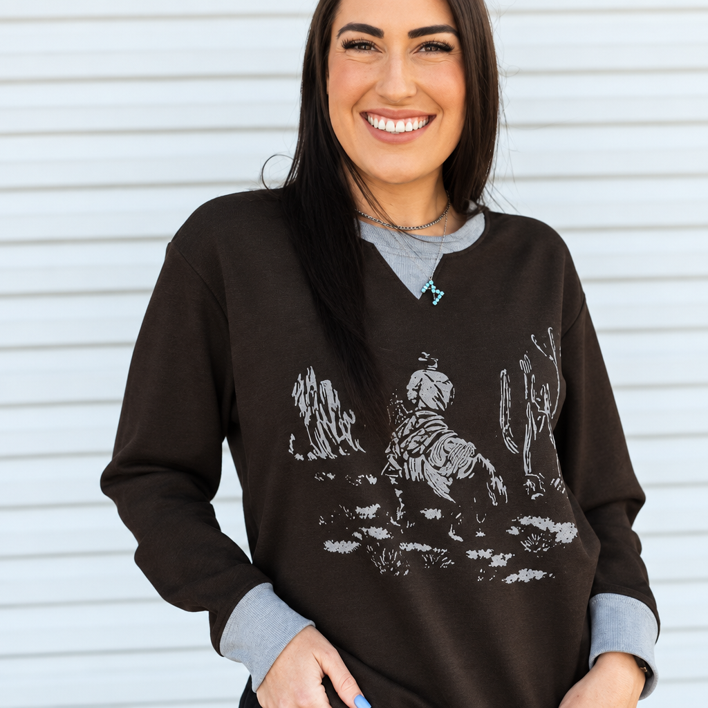 Lucky & Blessed Bucking Bronco Rodeo Scene Contrast Cuff Pullover - Dark Brown