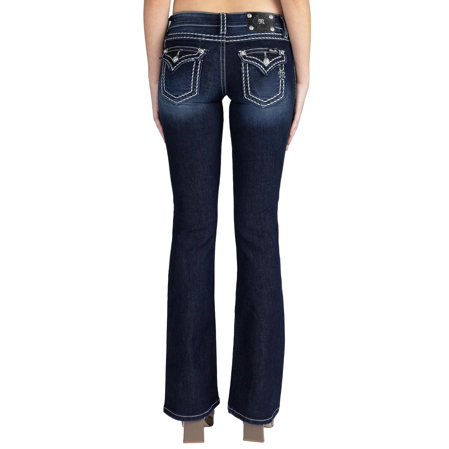 Miss Me Low-Rise Loose Saddle Stitch Border Bootcut Jeans - Dark