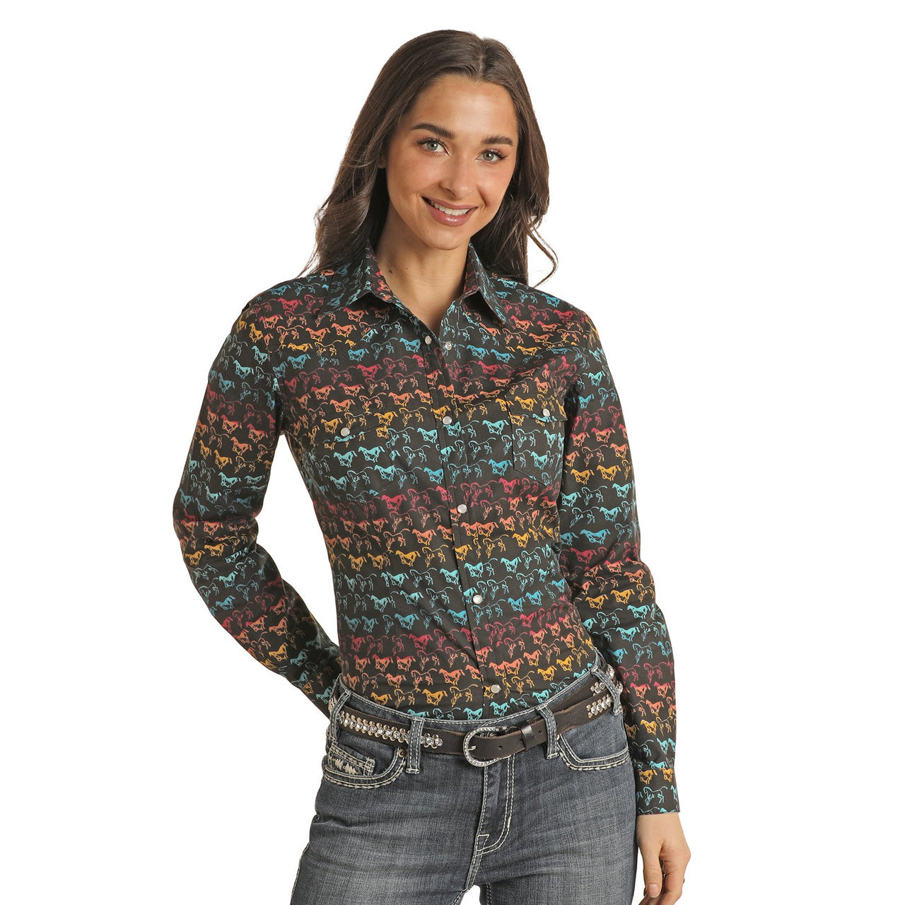 Red Label Women's Long Sleeve Print Snap Shirt - Charcoal