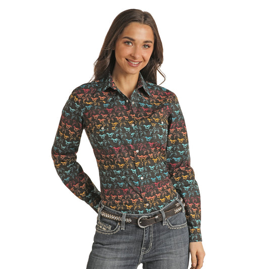 Red Label Women's Long Sleeve Print Snap Shirt - Charcoal
