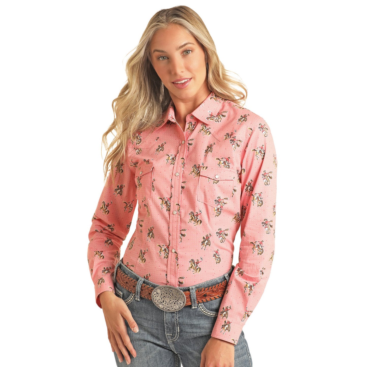 Rock & Roll Junior Long Sleeve Snap Shirt - Western Print - Rose