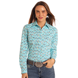 Rock & Roll Girl's Long Sleeve Print Snap Shirt- Bright Turquoise