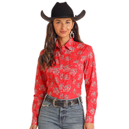 Rock & Roll Girl's Long Sleeve Print Snap Shirt- Red