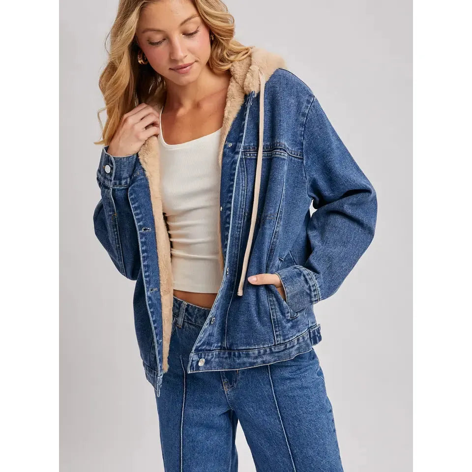 Bluivy Women's Button Down Faux Fur Hooded Denim Jacket - Medium Wash