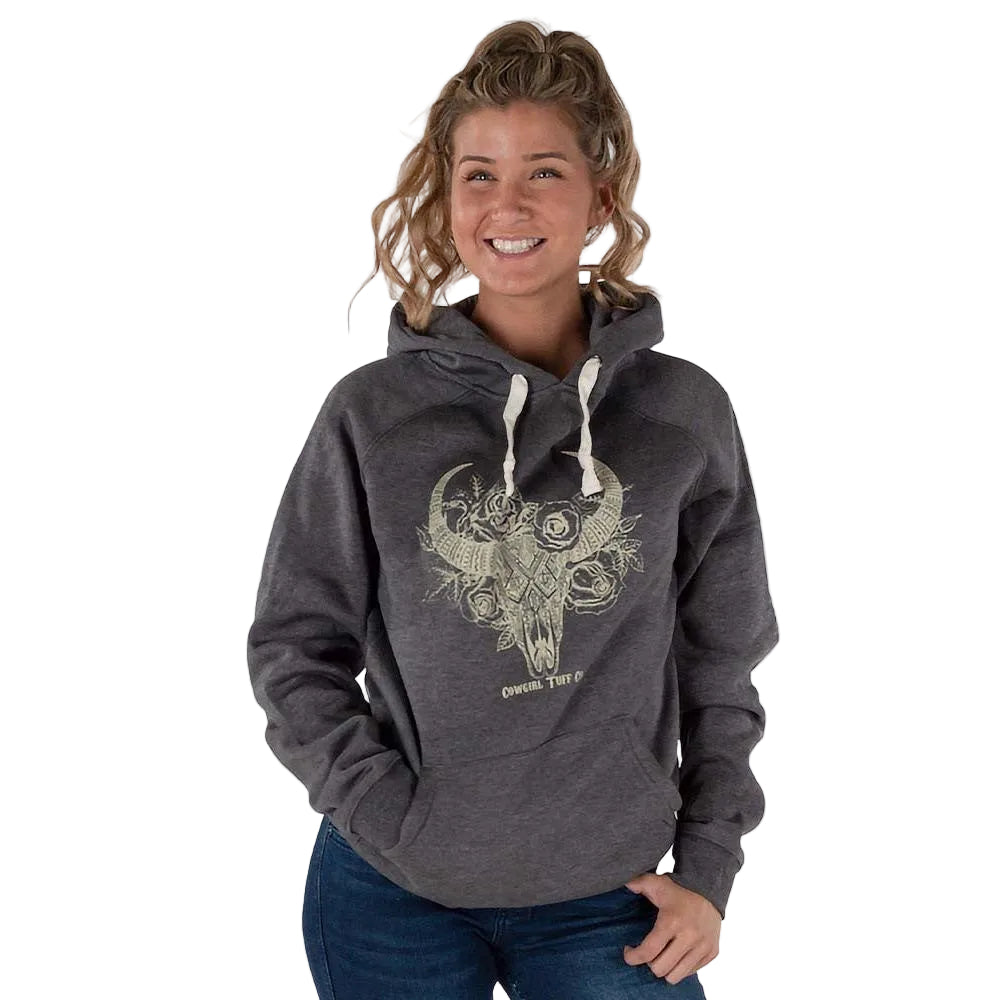 Cowgirl Tuff Kids Floral Longhorn Skull Print Hooded Sweatshirt - Charcoal/Gray