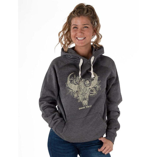 Cowgirl Tuff Kids Floral Longhorn Skull Print Hooded Sweatshirt - Charcoal/Gray