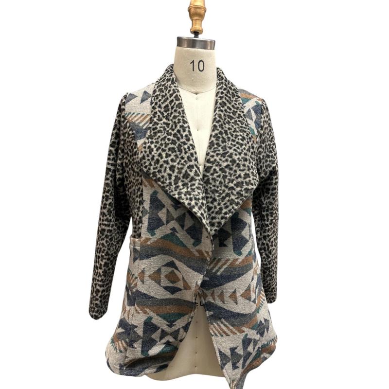 Rising Women's Long Sleeve Leopard Aztec Open Front Cardigan Coat- Multi