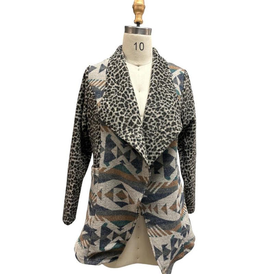 Rising Women's Long Sleeve Leopard Aztec Open Front Cardigan Coat- Multi