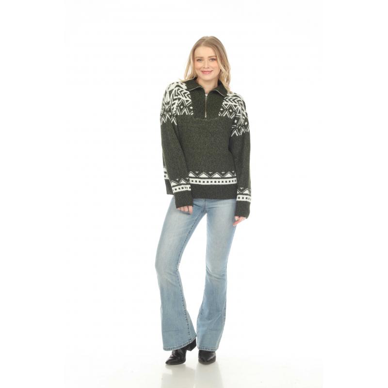 Rising Women's Long Sleeve Snowflake Aztec 1/4 Zip Pullover- Army Green