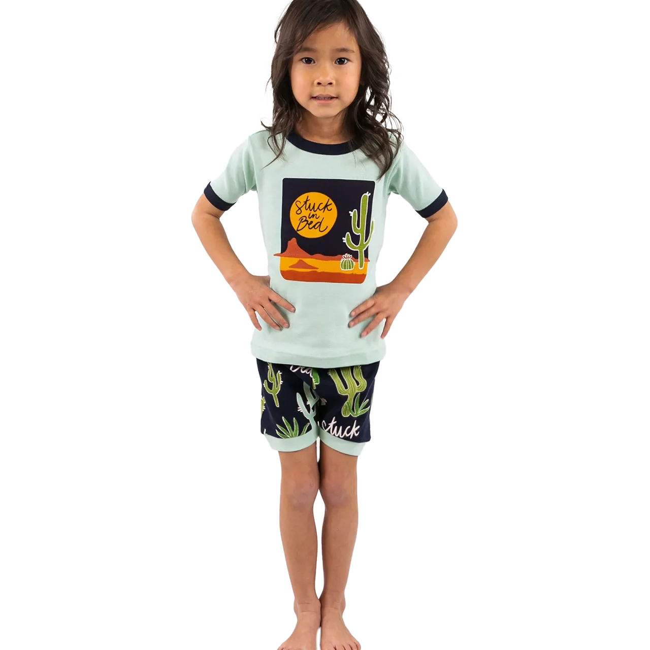 Lazy One Kid's Stuck In Bed Cactus Blue PJ Short Set