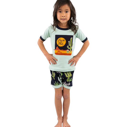 Lazy One Kid's Stuck In Bed Cactus Blue PJ Short Set