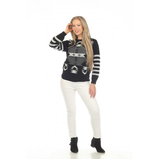 Rising Women's Long Sleeve Aztec Stripe Sweater- Black/White