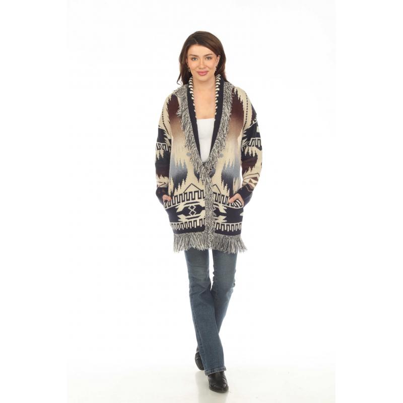 Rising Women's Long Sleeve Lake Wide Fringe Aztec Cardigan - Multi