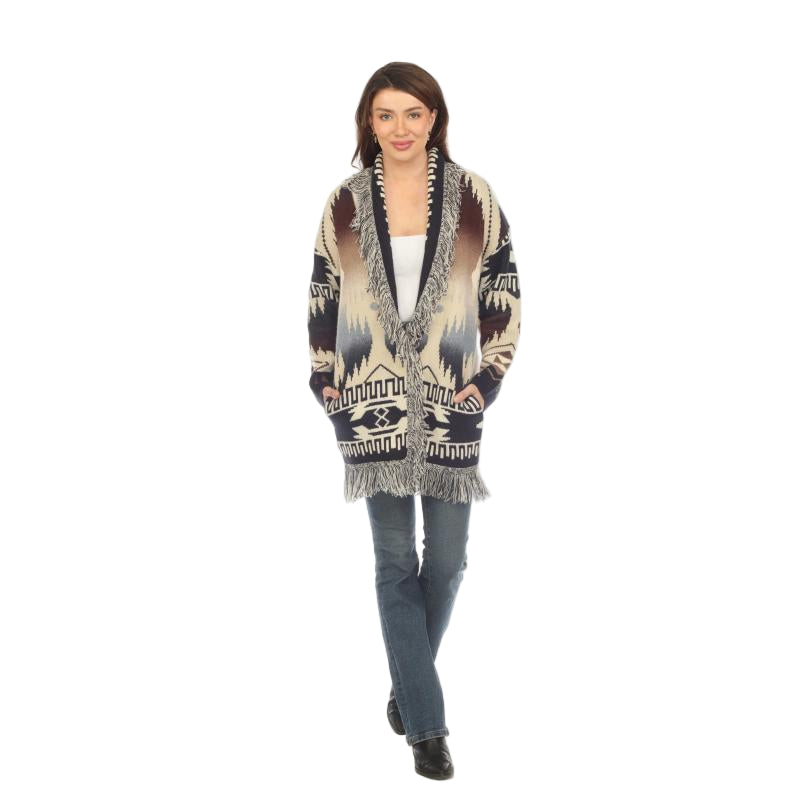 Rising Women's Long Sleeve Lake Wide Fringe Aztec Cardigan - Multi