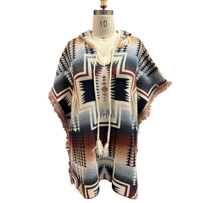 Rising Women's Long Sleeve Wester Aztec Fringe Hooded Poncho- Multi
