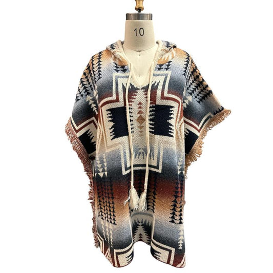 Rising Women's Long Sleeve Wester Aztec Fringe Hooded Poncho- Multi