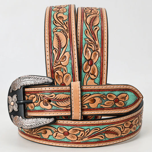 American Darling Leather Floral Tooled with Decorative Silver Buckle Belt - Mint Green