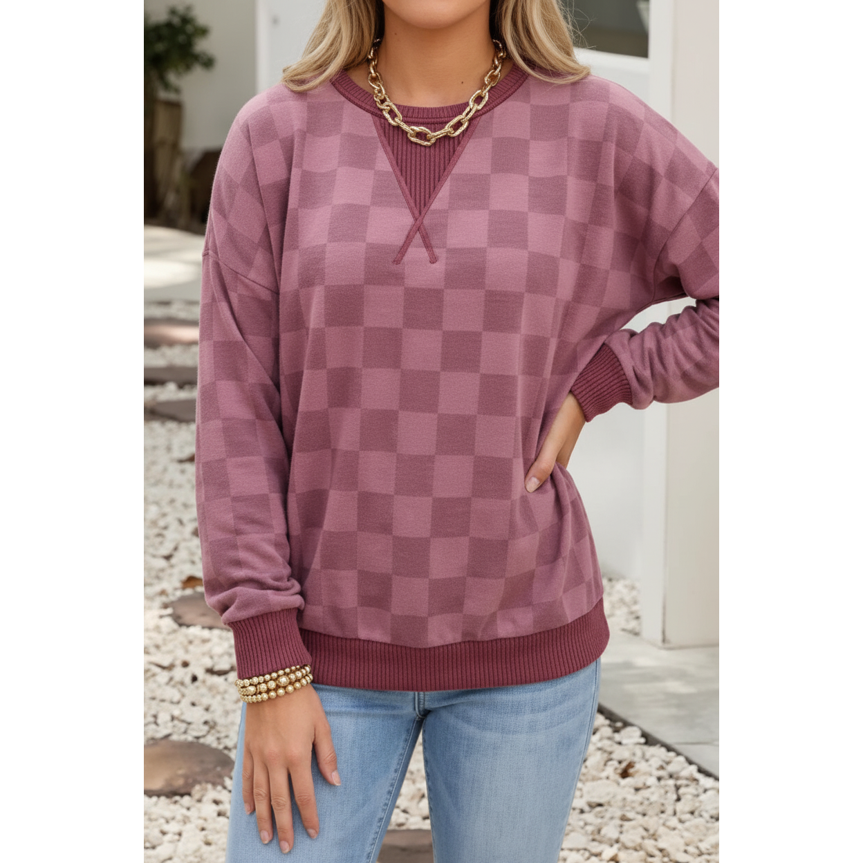 LDC Women's Plaid Print Twisted Ribbed Detail Long Sleeve Shirt - Red