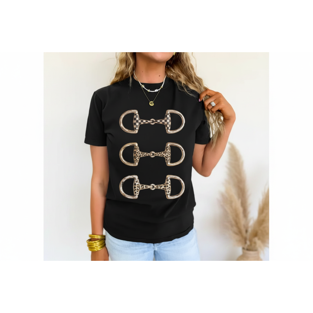 LDC Women's Western Horse Bit Printed Relaxed Tee Shirt - Black