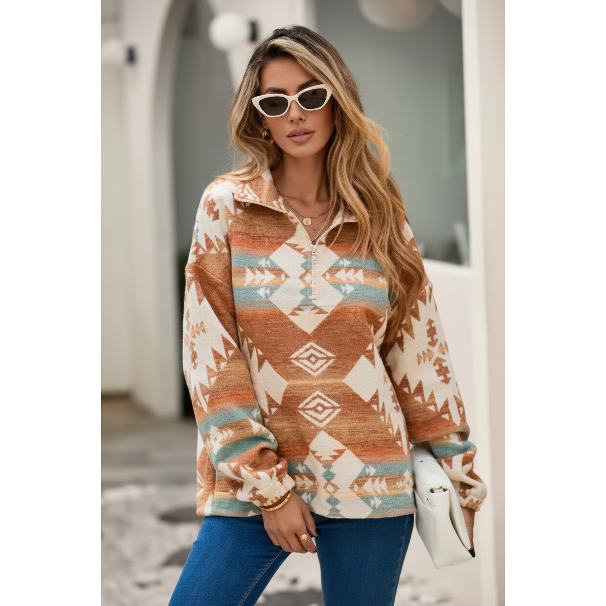 LDC Women's Quarter Zip Elastic Cuffs Western Sweatshirt - Khaki