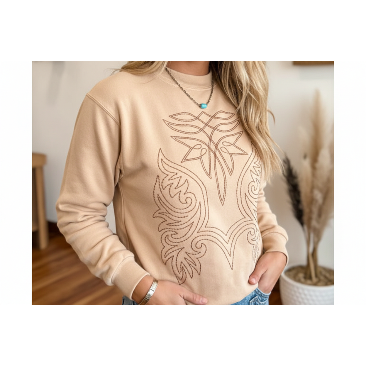 LDC Women's Embroidery Round Neck Pullover LS Sweat Shirt - Light French Beige