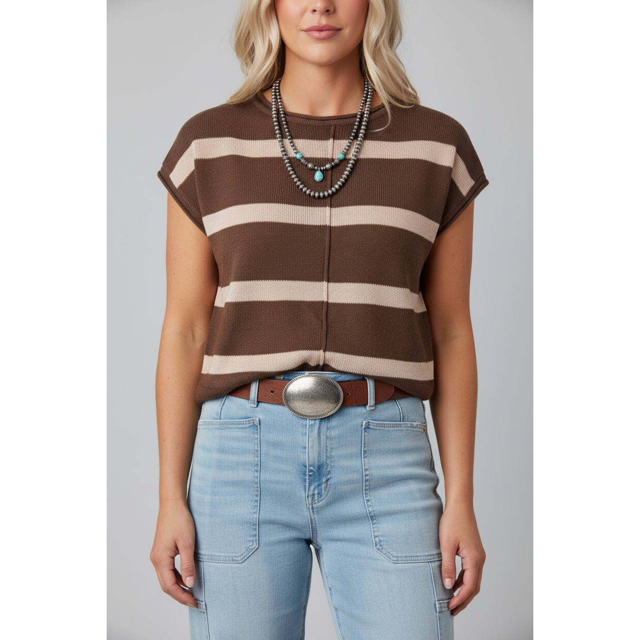 LDC Women's Striped Short Sleeve Knit Western Sweater - Brown