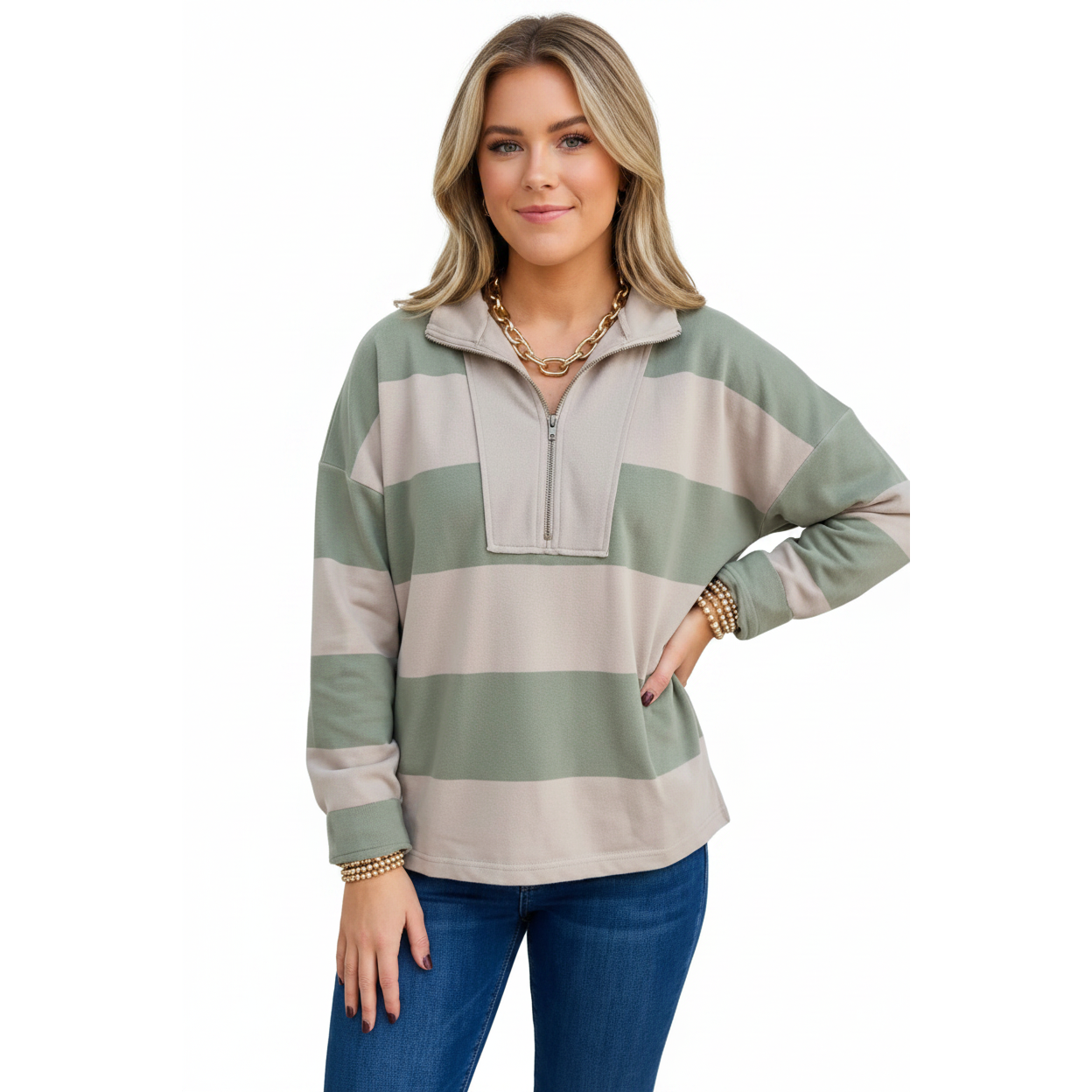 LDC Women's Colourblock 1/2 Zip Casual Long Sleeve Top - Green
