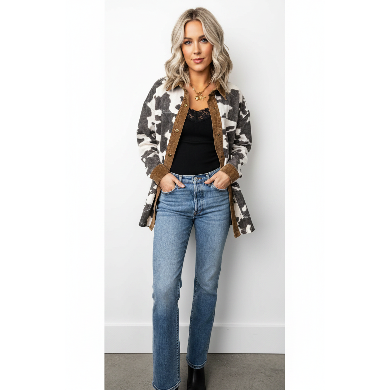LDC Women's Western Cow Print Long Sleeve Button Up Denim Jacket - Multicolour
