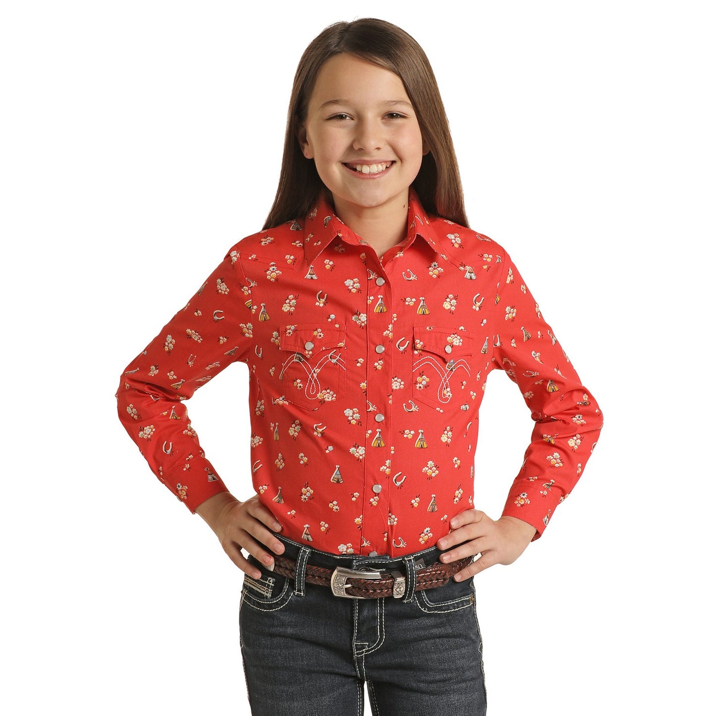 White Label Girl's Long Sleeve Snap Shirt/Blouse - Red