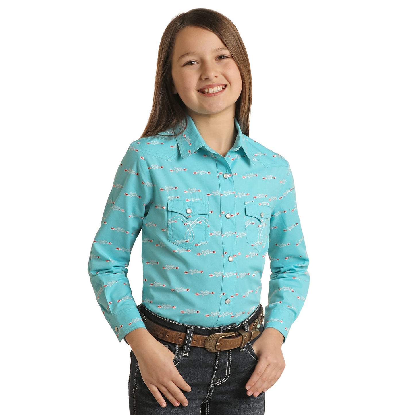 White Label Girl's Long Sleeve Snap Shirt/Blouse - Turquoise