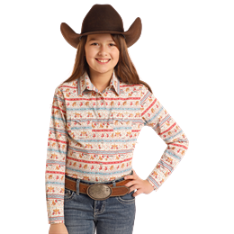 Rock & Roll Girl's Long Sleeve Print Snap Shirt- Light Turquoise