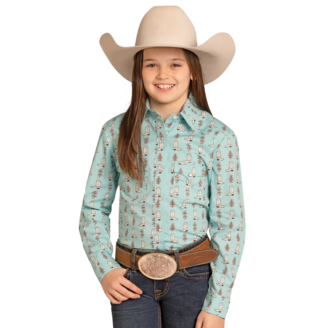 Panhandle Girl's Long Sleeve Snap Print Shirt- Turquoise