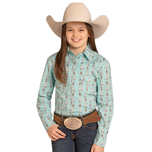 Panhandle Girl's Long Sleeve Snap Print Shirt- Turquoise
