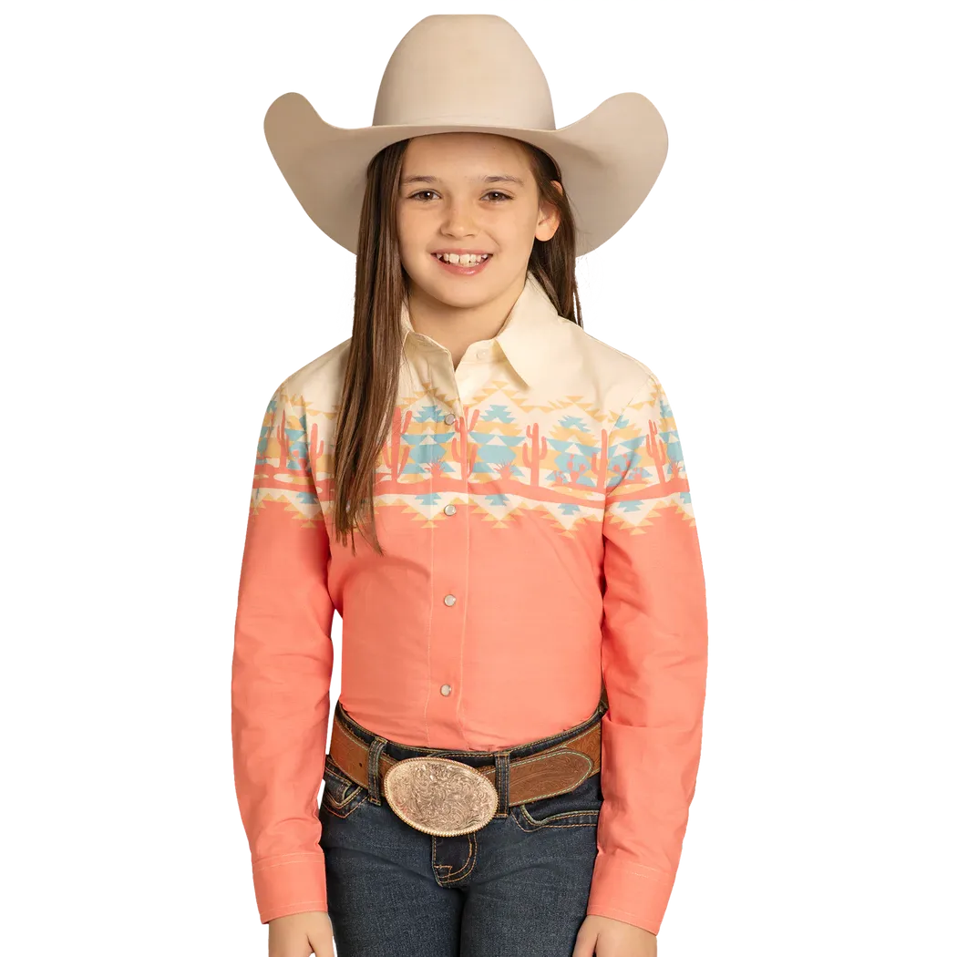 Panhandle Girl's Border Long Sleeve Snap Shirt- Orange