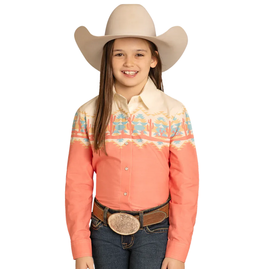 Panhandle Girl's Border Long Sleeve Snap Shirt- Orange