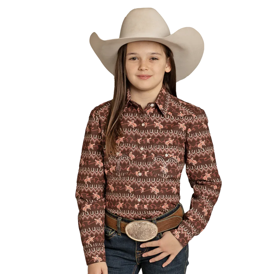 Panhandle Girl's Horseshoe Long Sleeve Snap Shirt- Brown