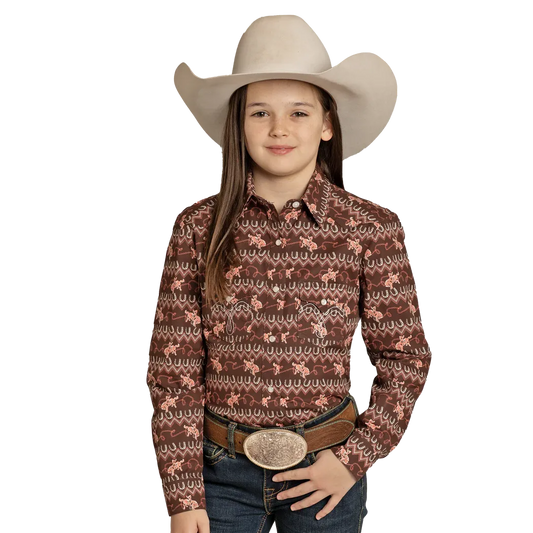Panhandle Girl's Horseshoe Long Sleeve Snap Shirt- Brown