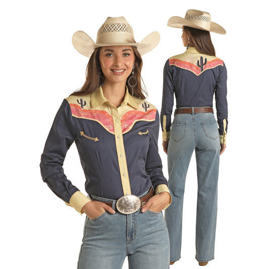 Panhandle White Label Women's Cactus Sunset Long Sleeve Retro Snap Shirt - Navy