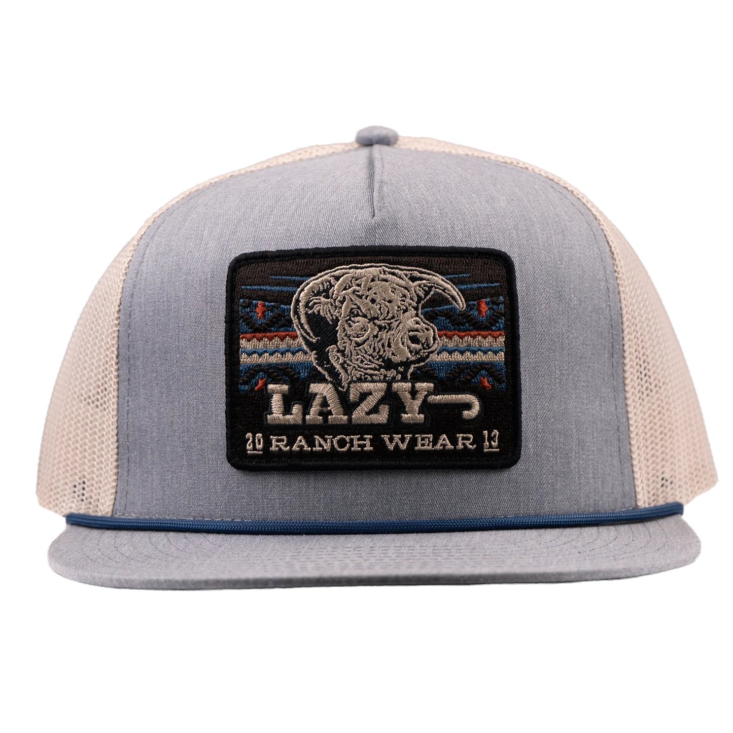 Lazy J Ranch Aztec Tribal Classic Rope Trucker Flat Brim Cap - Chambray/Tan