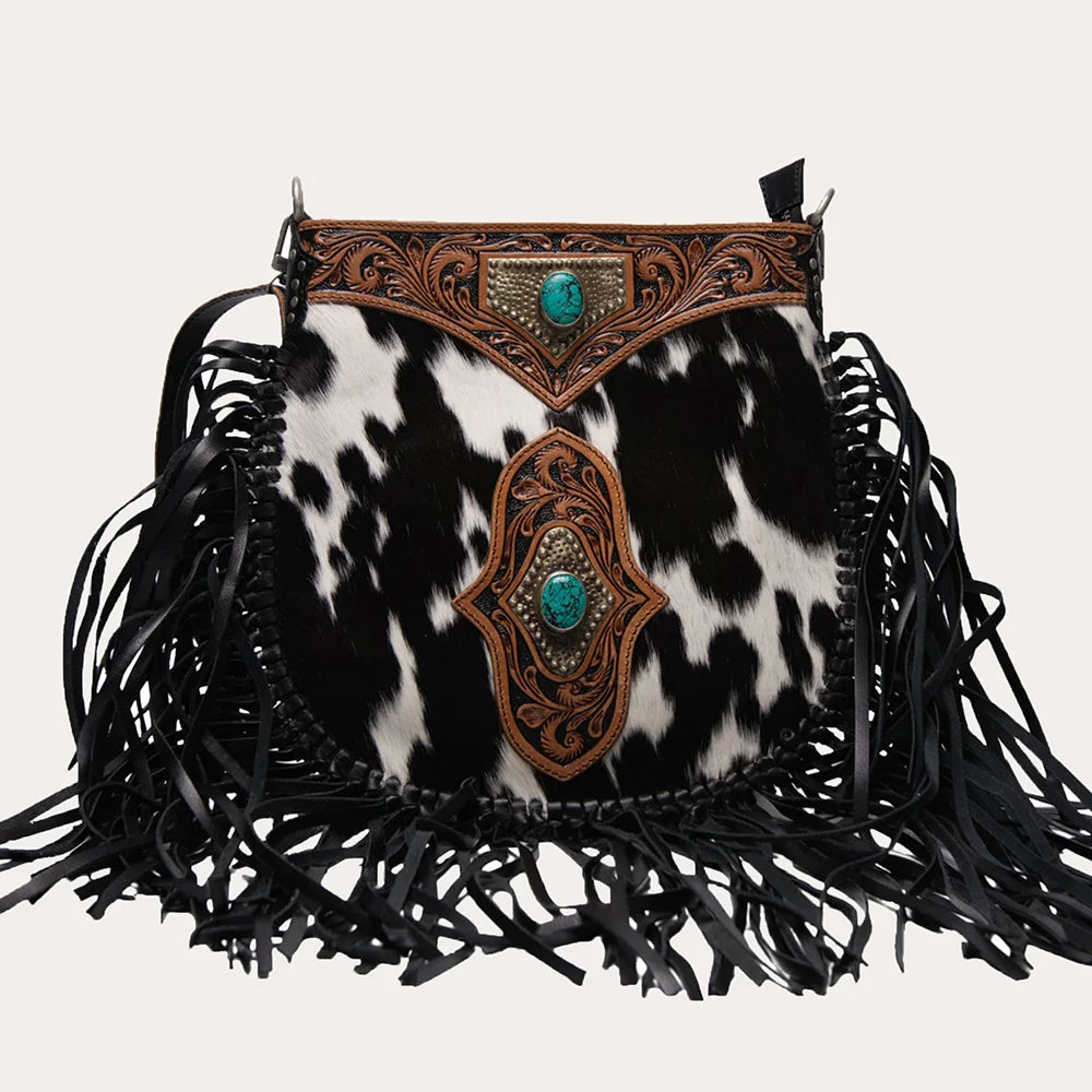 Myra Loyal West Mojave Tassel Cowhide Bag- Black/White