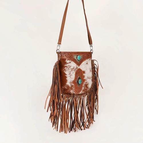 Myra Loyal West Mojave Tassel Cowhide Bag- Brown/White